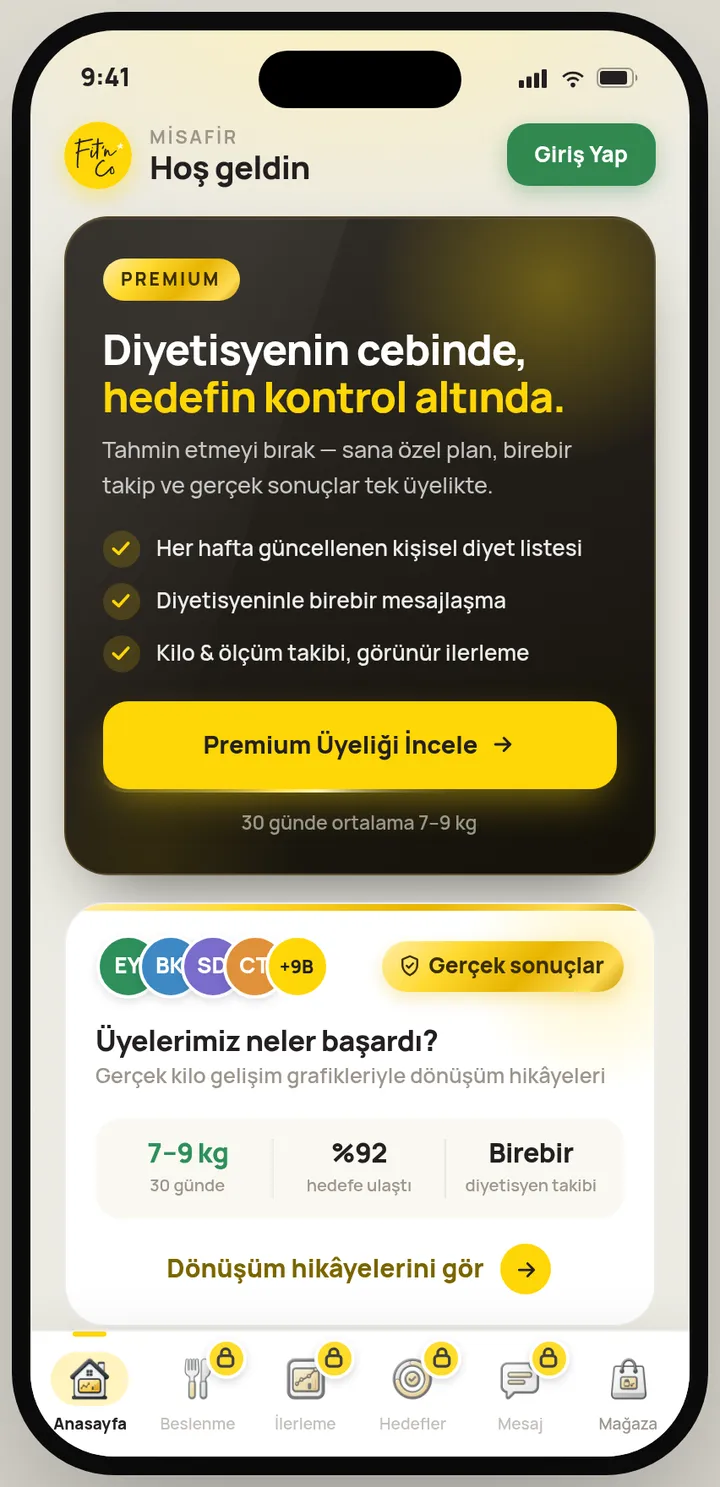 The Fit'n Co member app home screen for guests, with a premium membership card, a preview of member stories and a tab bar