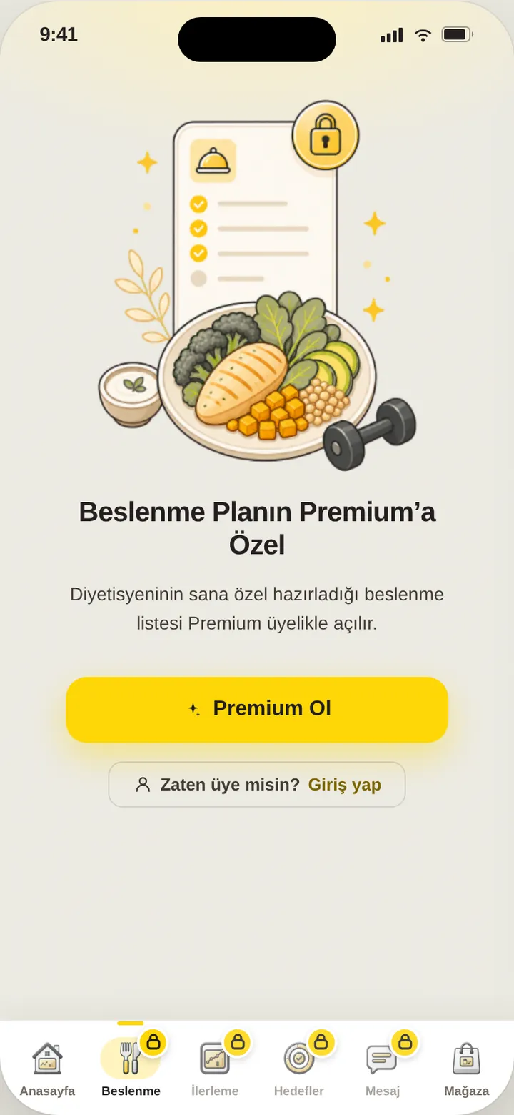 A locked diet plan screen with an illustration of a meal plate and a padlock, a short note that the plan is part of premium, and an upgrade button