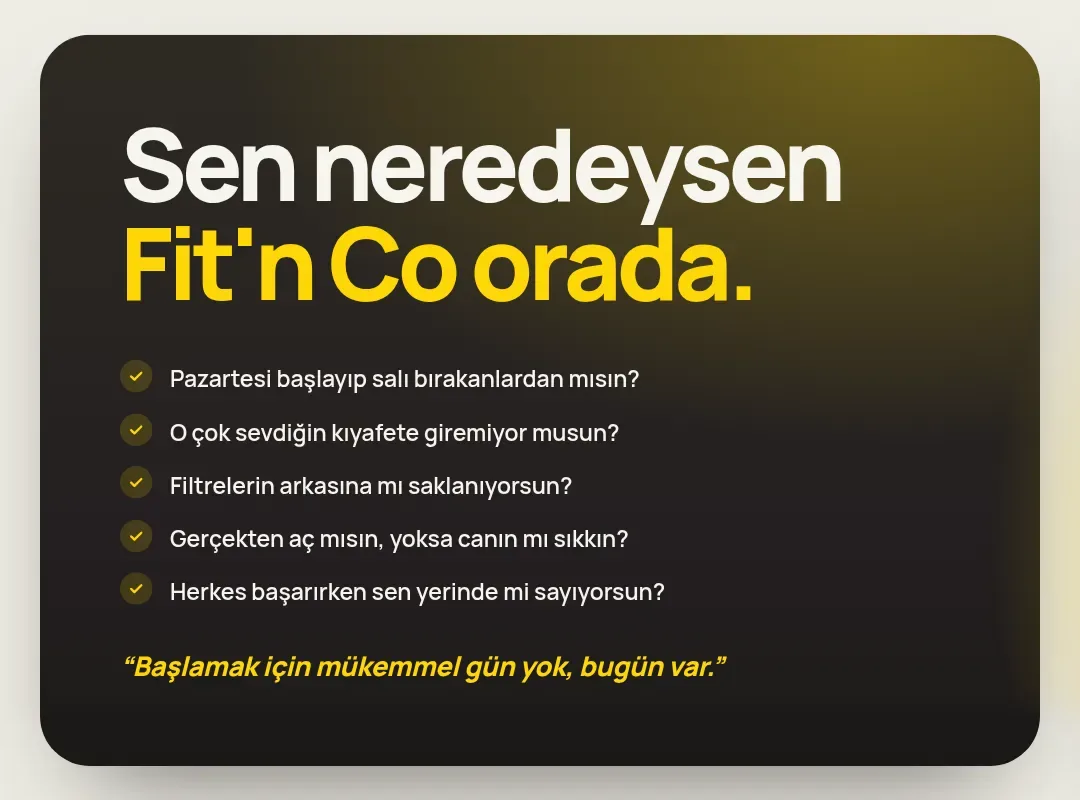 The Fit'n Co landing page: a dark hero card with the brand headline and a short checklist of everyday diet struggles