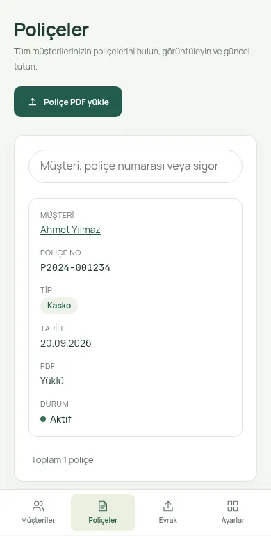 The agency panel on a phone: the policy list as a stacked card, an upload button and a bottom tab bar