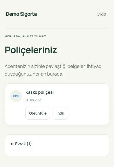 A client's page on a phone, greeting a sample client and listing one car insurance policy with view and download buttons