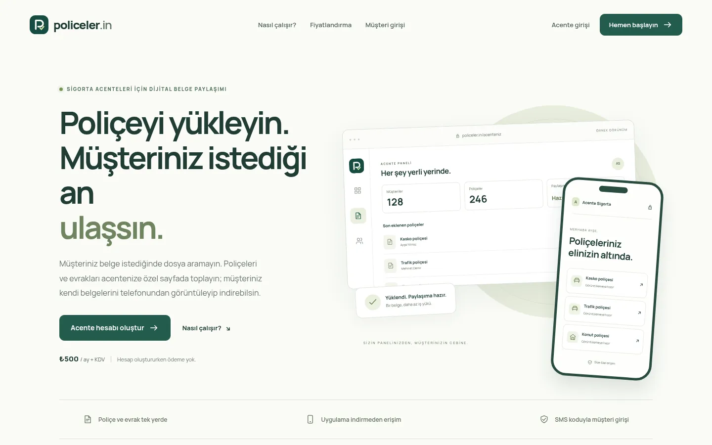 The policeler.in landing page on desktop, with the headline, a sign-up button and a mockup of the agency panel next to a phone