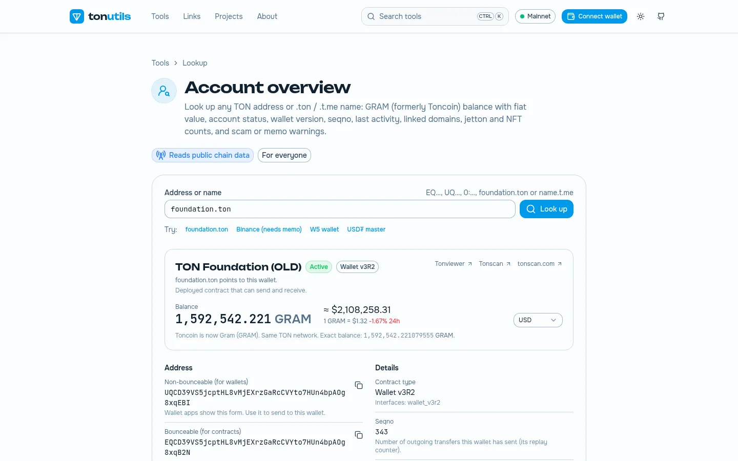 Account overview tool on desktop, looking up the public foundation.ton name: balance, value in dollars, wallet type and the address in its different formats