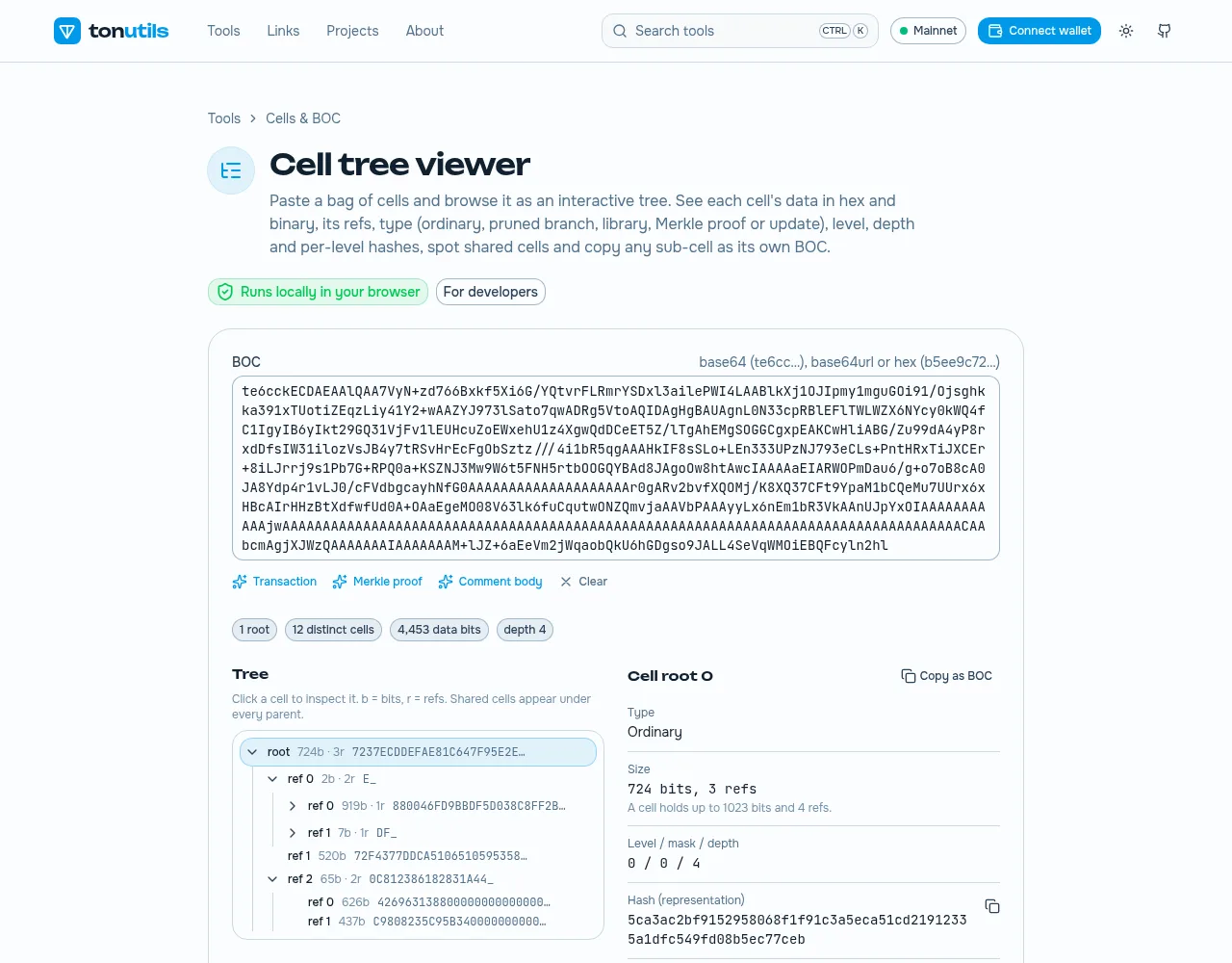 Cell tree viewer on desktop: a pasted sample message shown as an expandable tree, with the selected cell's type, size and hash on the right