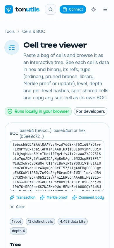 The cell tree viewer on a phone, with a note that it runs locally in the browser and a sample message pasted in