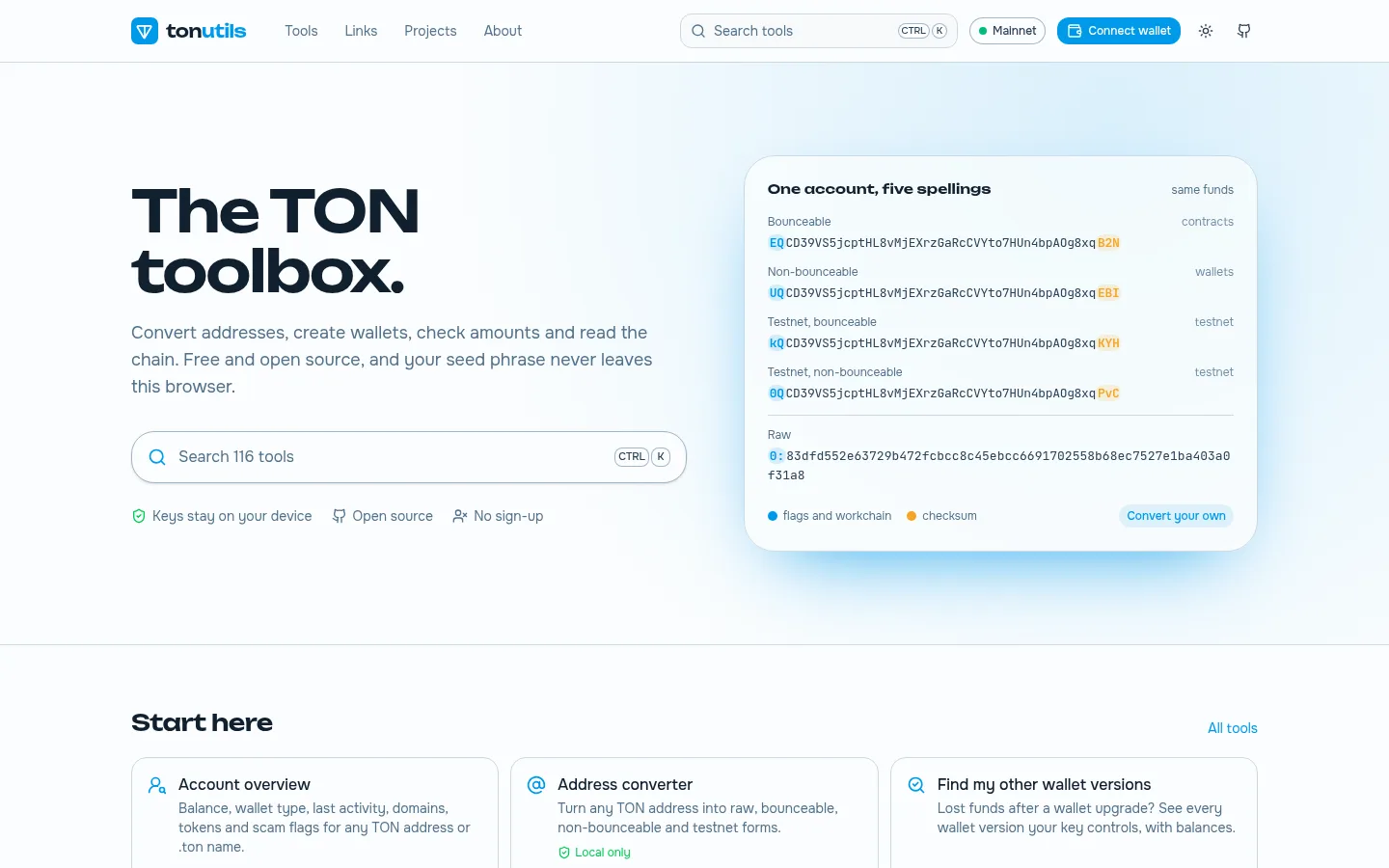 The TonUtils home page on desktop: the headline The TON toolbox, a tool search box and a card showing one public address in five formats