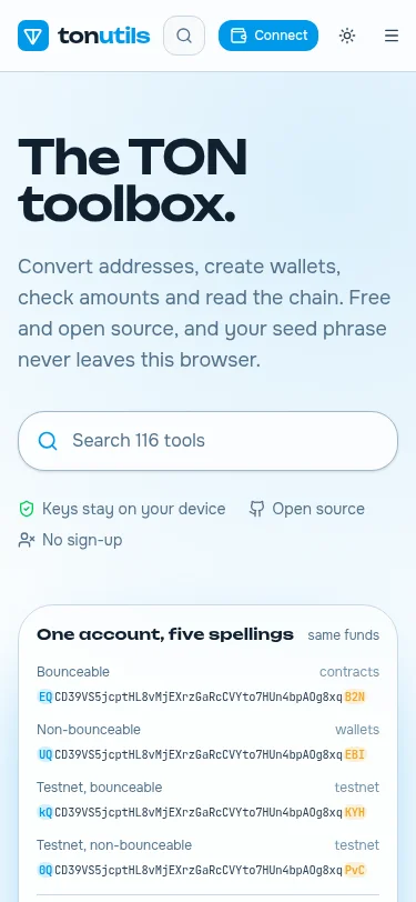 The TonUtils home page on a phone, with the headline, the tool search box and the start of the address card