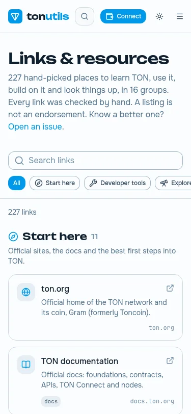 The links page on a phone: a search box, group filters and the first hand-checked links, starting with the official TON site and docs