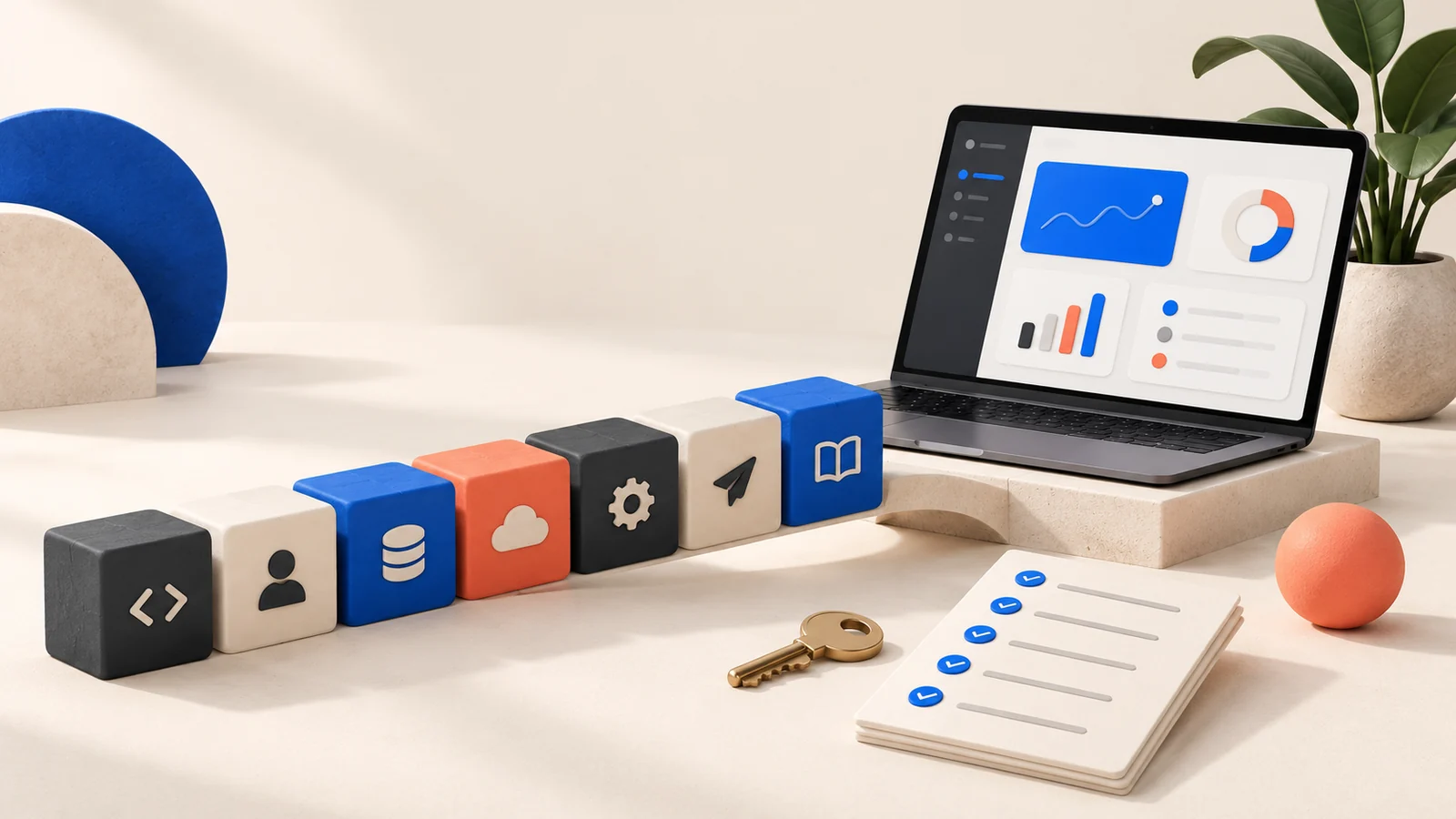 An open laptop beside seven modular blocks, a key and a handover checklist, representing a completed one-week MVP